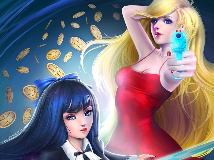 Panty and Stocking with Garterbelt characters with guns and coins