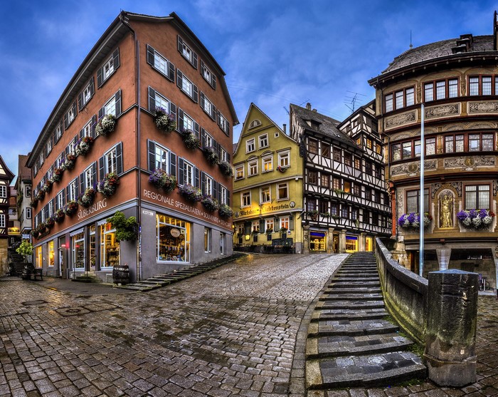 Tubingen, Germany street with historic houses and cobblestone