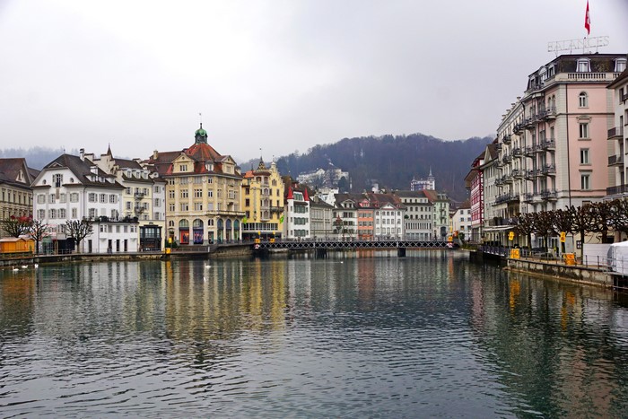 4K Luzern Switzerland Riverfront Buildings and Bridge