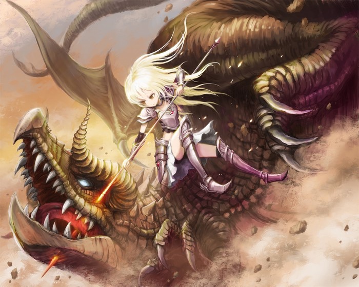 Girl warrior riding a dragon with a spear