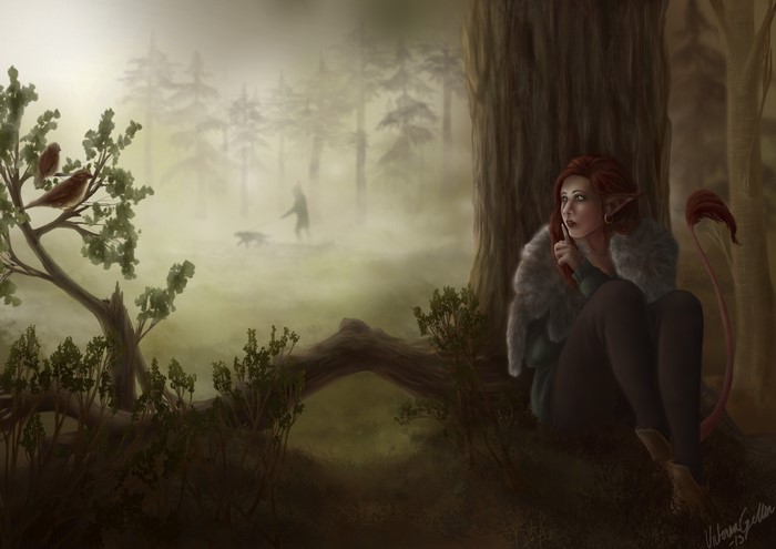 Elf with tail in foggy forest with birds and a person walking a dog