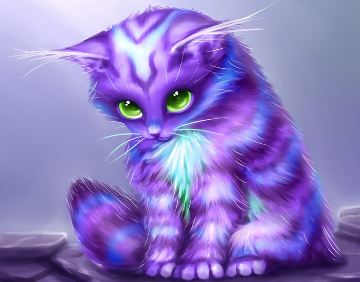 A magical purple cat with green eyes
