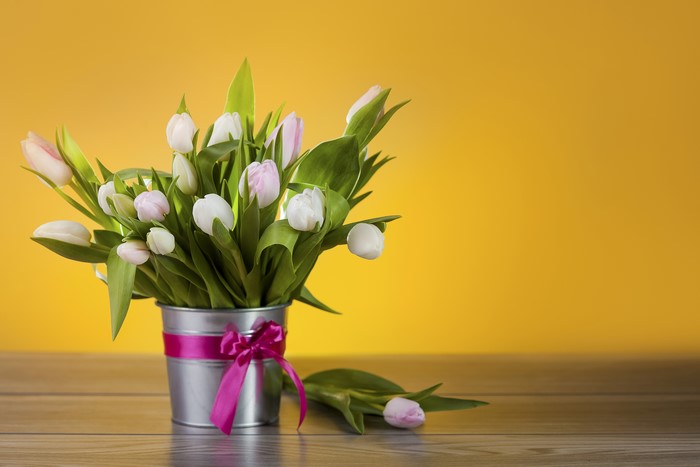 White and Pink Tulips in a Bucket with Pink Bow