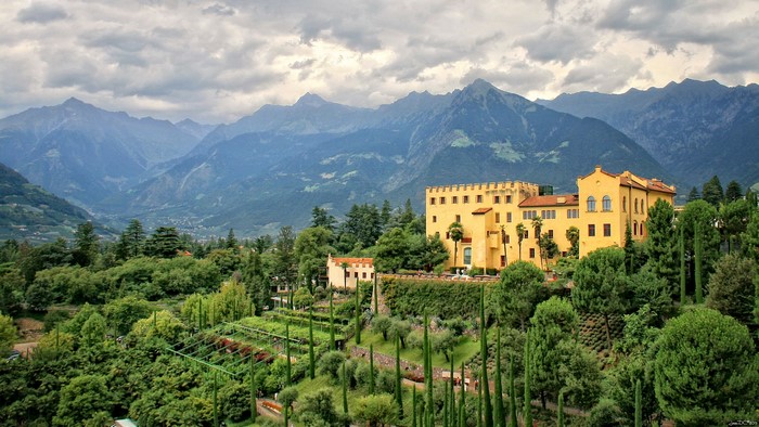 Trauttmansdorff Castle in Italy with Mountains
