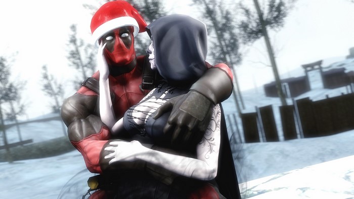 Deadpool and a hooded figure in a snowy landscape