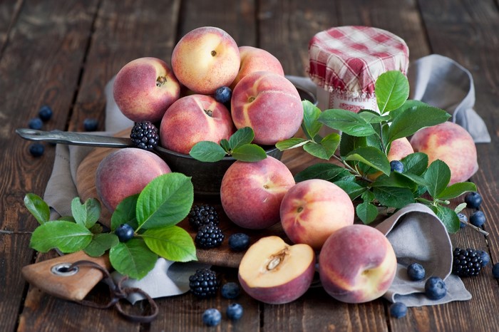 Peaches, Blackberries, and Blueberries with Jam Jar
