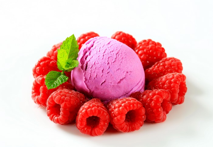 Raspberry Ice Cream with Fresh Raspberries and Mint