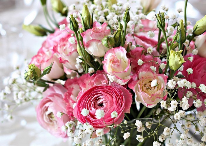 Pink Ranunculus and Eustoma Flowers with Baby's Breath