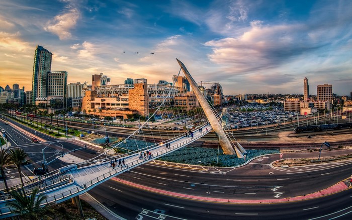 San Diego Skyline with Pedestrian Bridge and Stadium