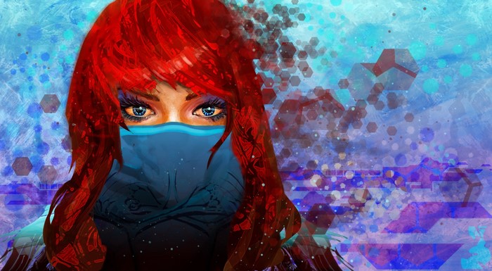 Redhead girl with blue mask and blue background