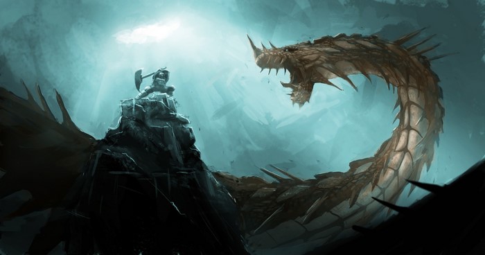 Warrior with Battle Axe faces a Dragon