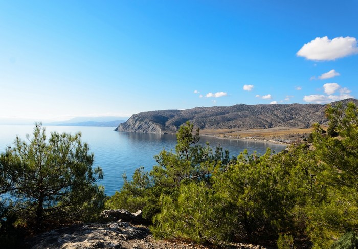 Coastal landscape with sea and mountains in Crimea, Russia