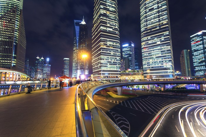 Shanghai China Night Cityscape with Skyscrapers and Roads