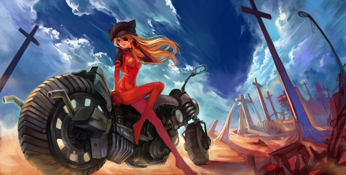 Asuka Langley Soryu from Neon Genesis Evangelion on a motorcycle