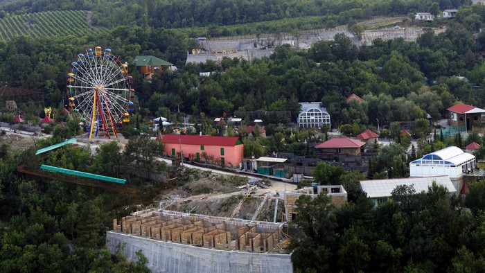 Ferris wheel and houses in a green landscape