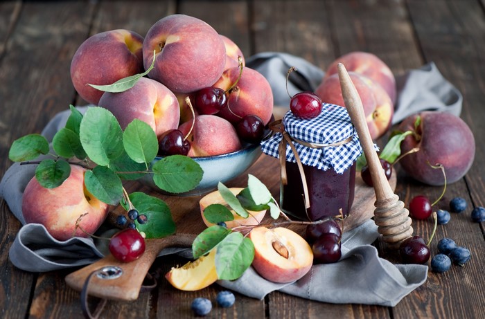 Peaches, Cherries, and Jam in a Jar