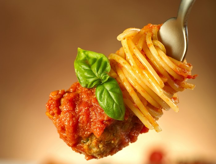 Spaghetti and Meatball on a Fork with Basil