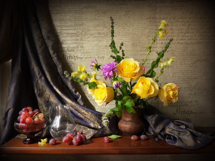 Still-life with yellow roses, grapes, and a jug