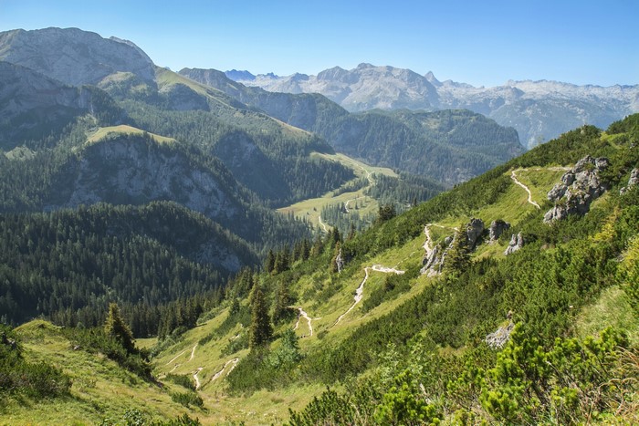 Mountain landscape with forests and hiking trails in Bavaria, Germany