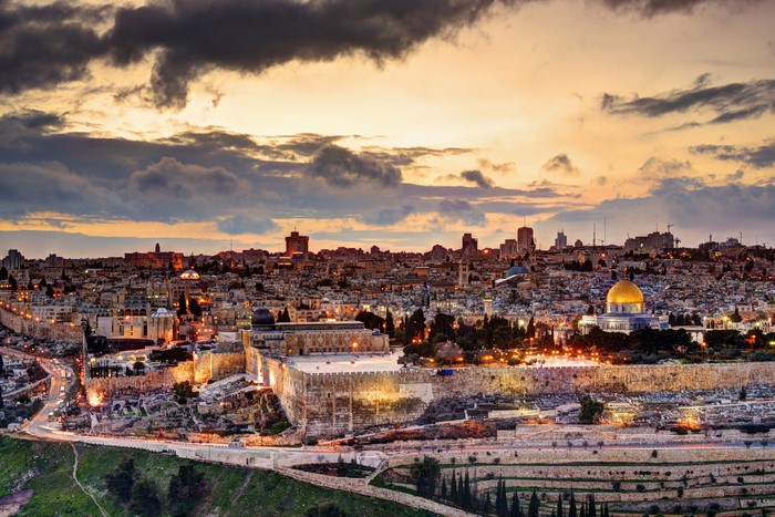 Jerusalem skyline with Dome of the Rock at sunset