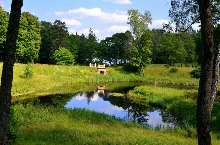 Park with pond and bridge in Trakai, Lithuania