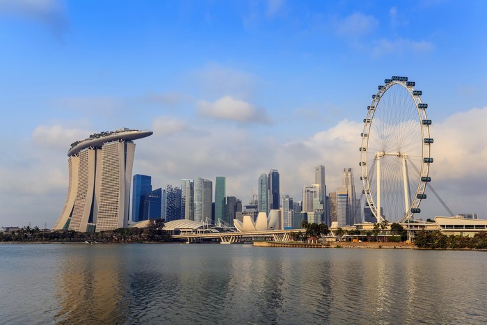 Singapore Skyline with Marina Bay Sands and Ferris Wheel