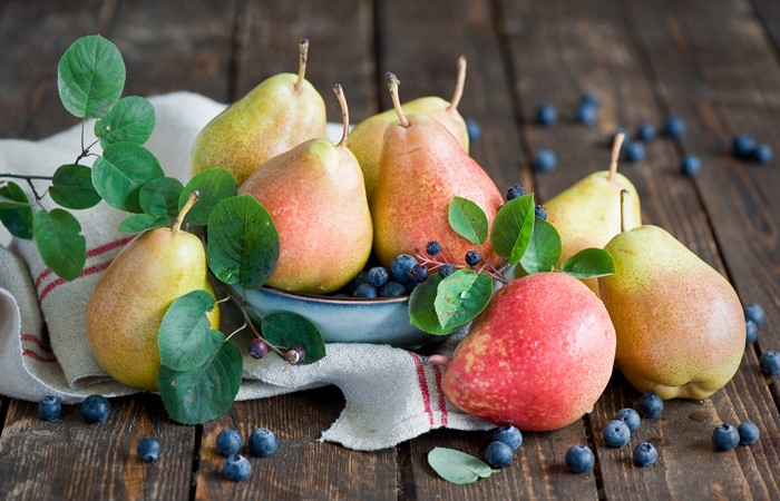 Pears and Blueberries on Wooden Table