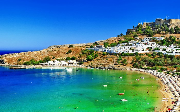 Lindos Acropolis and beach, Rhodes, Greece