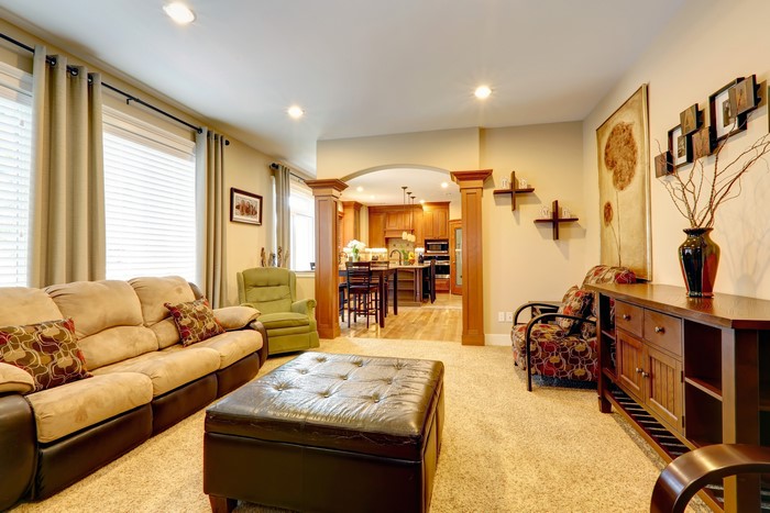 Living room with sofa and kitchen view