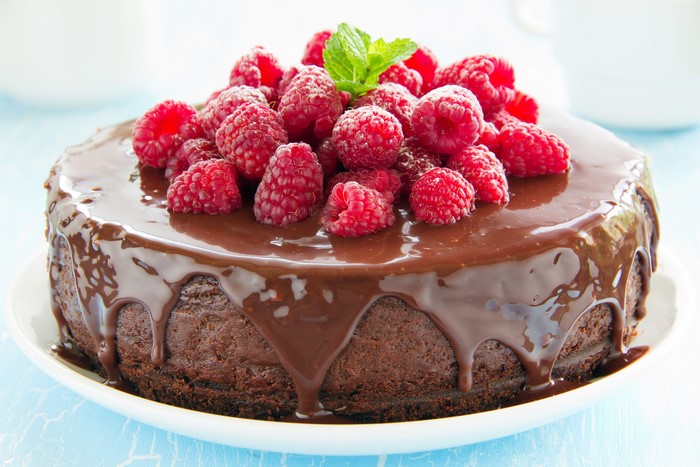 Chocolate cake with raspberries and chocolate glaze