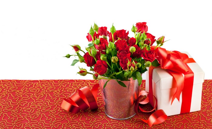 Red Roses and Gift Box with Red Ribbon