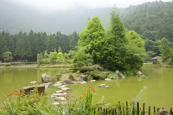 Pond with stepping stones and trees in Taiwan