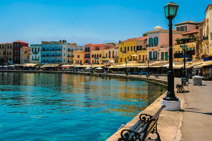 Colorful buildings along the waterfront in Chania, Crete, Greece