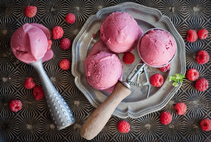 Raspberry ice cream with fresh berries
