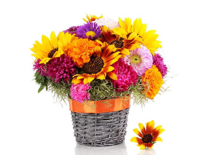 Bouquet of Asters and Sunflowers in a Wicker Basket