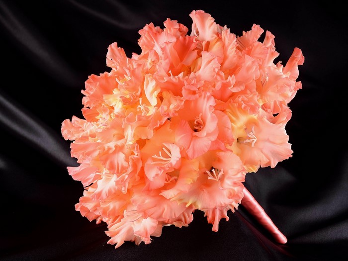 Bouquet of pink gladioluses on black satin