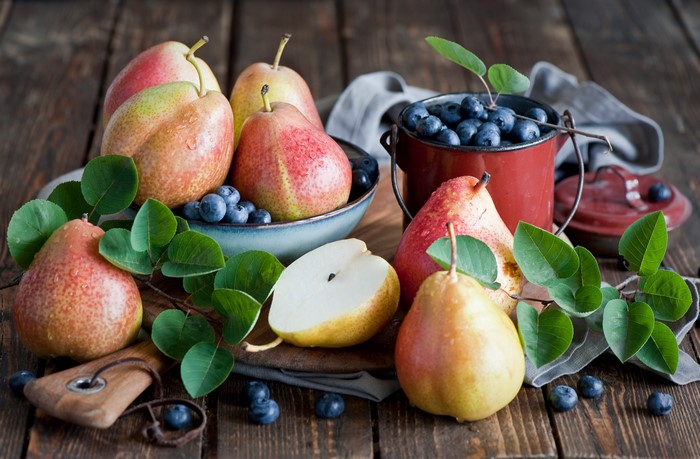 Pears and Blueberries on Wooden Table