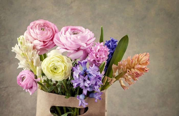 Ranunculus and Hyacinths in a Paper Bag