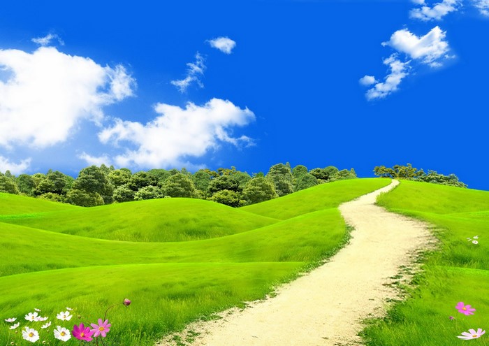 Green rolling hills with a path and flowers under a blue sky