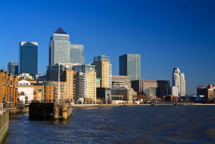 Canary Wharf skyline and River Thames, London