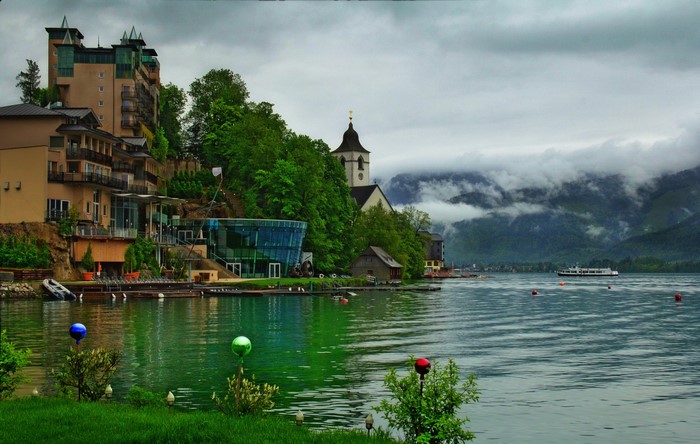 Sankt Wolfgang, Austria: Buildings on a Lakeside with Mountains