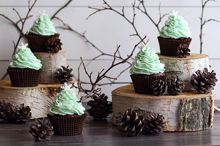 Christmas tree cupcakes with pine cones and branches