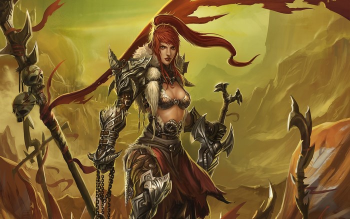 Barbarian Warrior Woman with Skulls and Swords from Diablo III