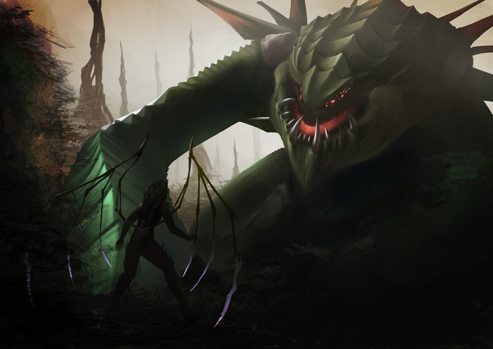 Sarah Kerrigan from StarCraft facing a large monster