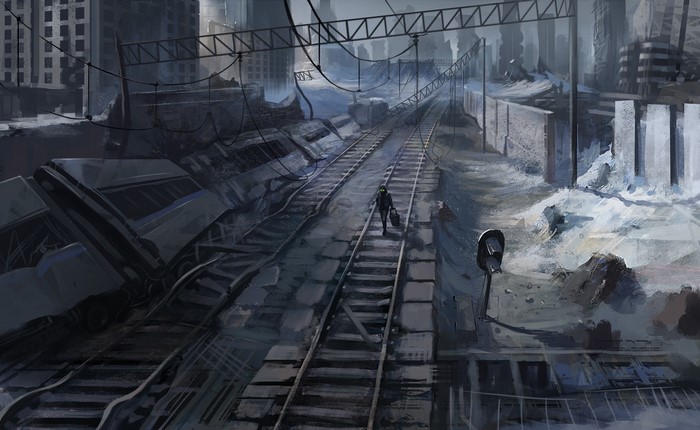 Post-apocalyptic scene with a lone figure on train tracks