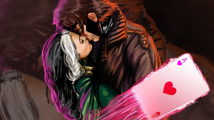 Gambit and Rogue from Marvel kissing with an Ace of Hearts card