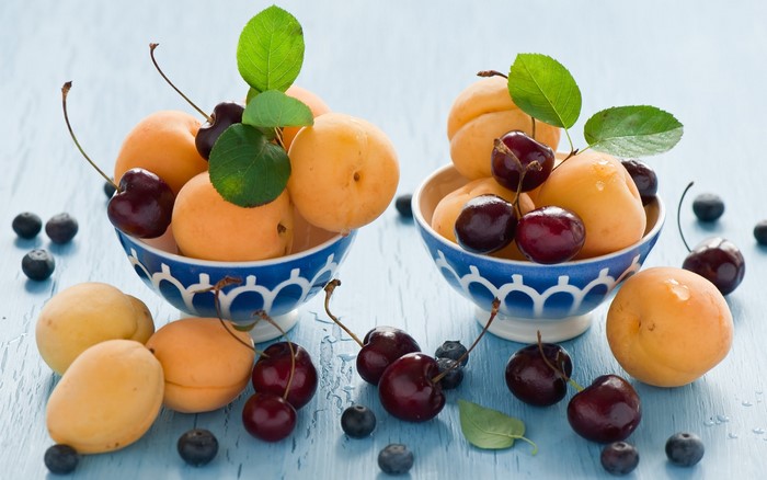 Apricots, Cherries, and Blueberries in Bowls