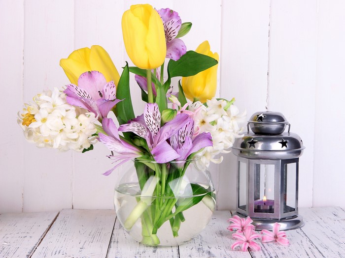 Bouquet of Alstroemeria, Tulips, and Hyacinths in a Vase with Lantern