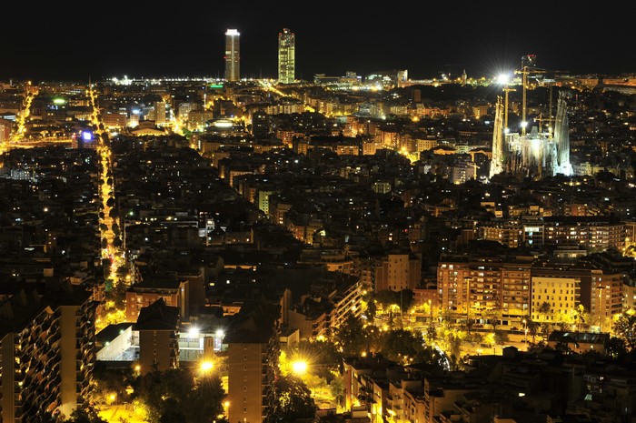Barcelona cityscape at night with Sagrada Familia