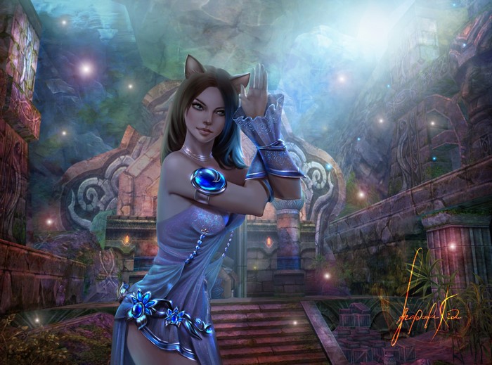 Cat-eared woman in a magical ruin